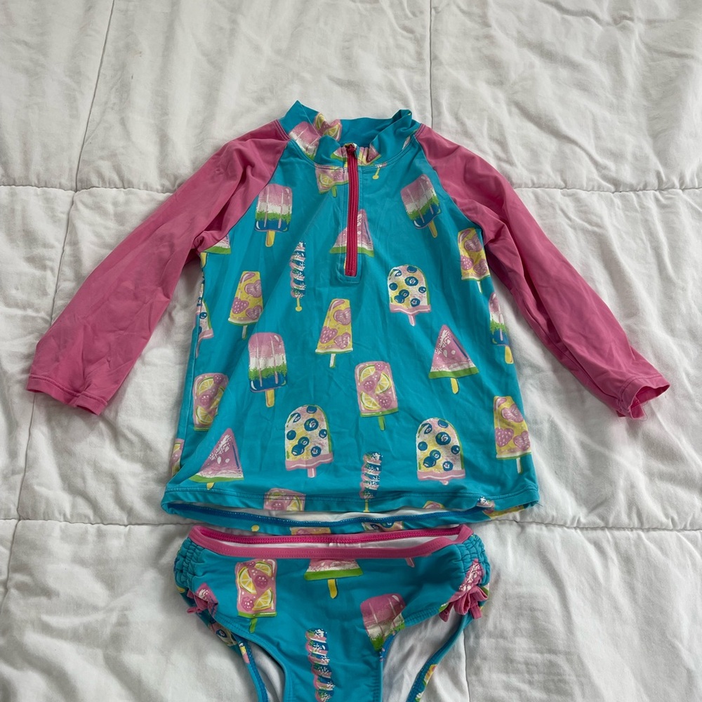 Hatley Pink and Blue Girls Rashguard Swim Set with Popsicle Print